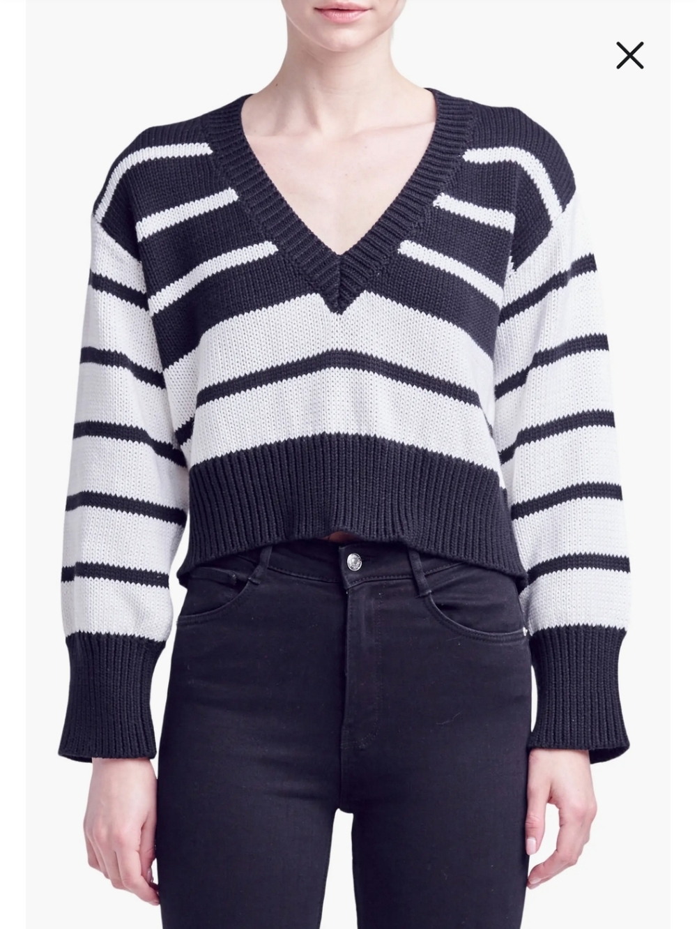 English Factory Black and White Striped V-Neck Cotton Cropped Sweater